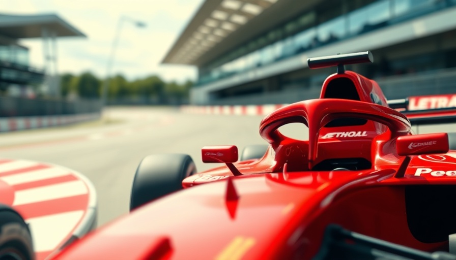 Red Formula One car racing on track, dynamic action shot.