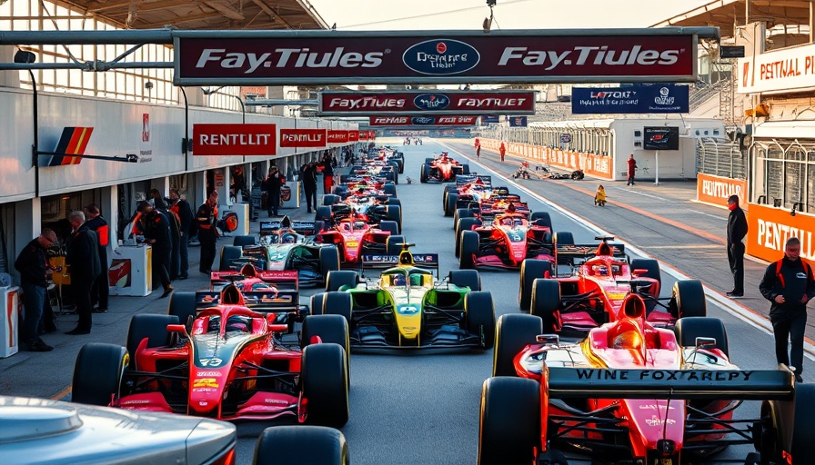 Formula One pit lane scene with cars and crew, vibrant atmosphere.