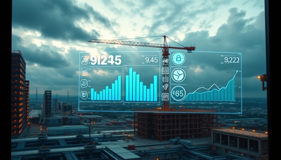 Futuristic construction scene with analytics icons for fleet safety.