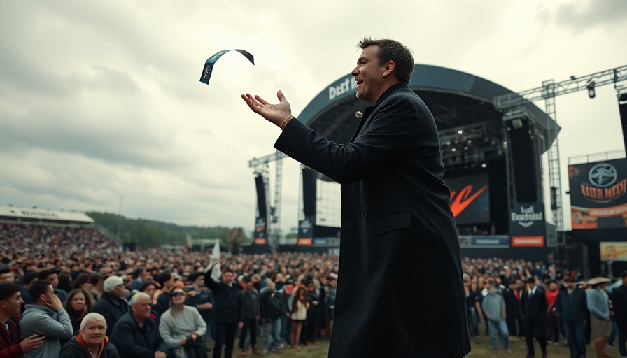 Man throwing souvenir on stage at outdoor event, Formula 1 souvenirs.