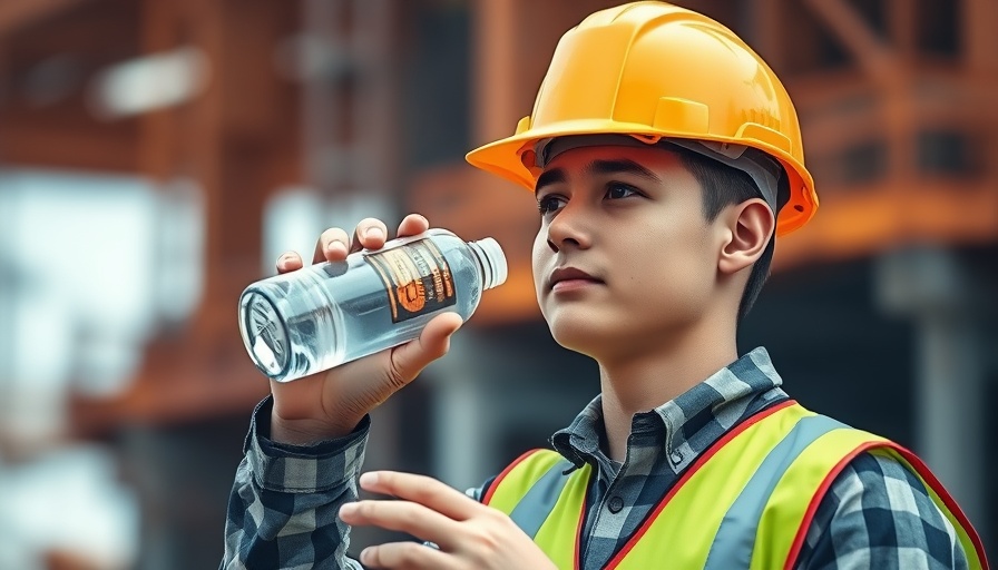 Construction worker in helmet drinking water to prevent heat stress.