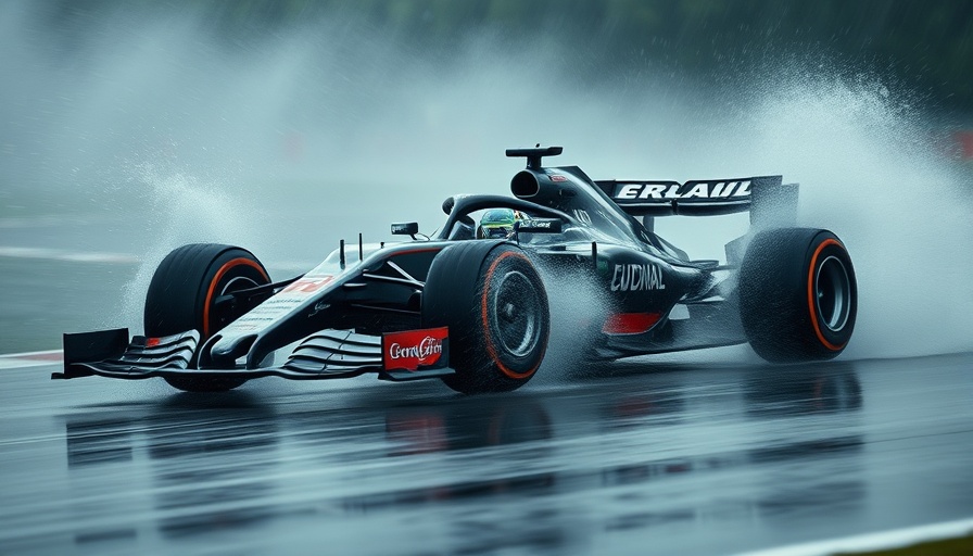 Formula One car racing in heavy rain creating a dramatic spray.