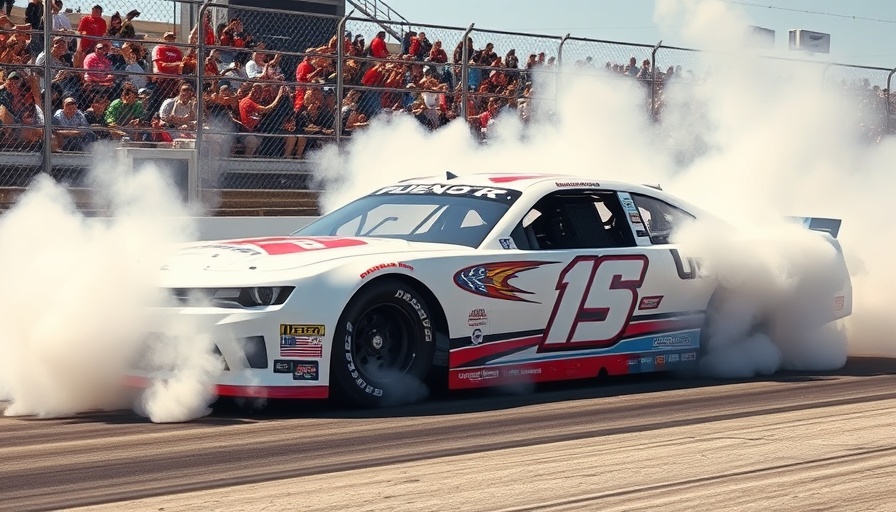 NASCAR Cup car doing a burnout with crowd cheering in background.