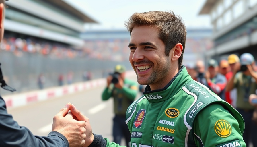 Formula One driver smiling on race track, receiving congratulations