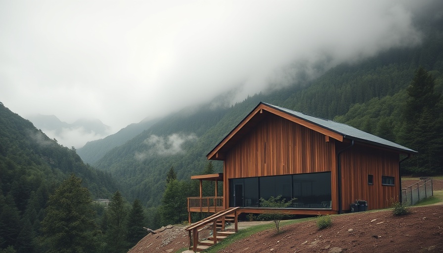 Modern minimalist building in lush green mountain setting with misty hills