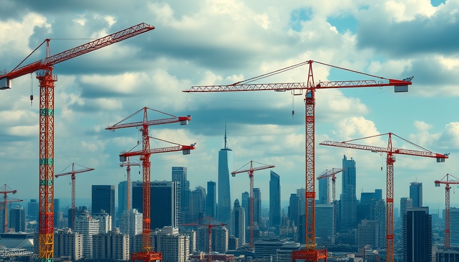 Cranes with financial graphs symbolize construction forecasting mistakes.