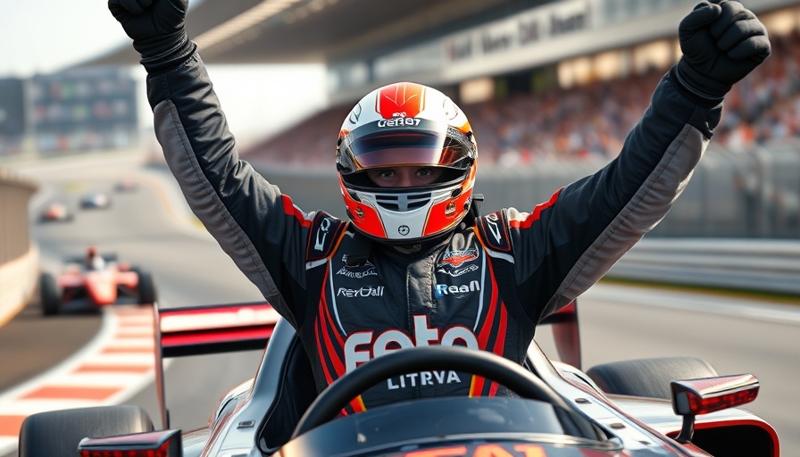 Race car driver celebrates victory on track.