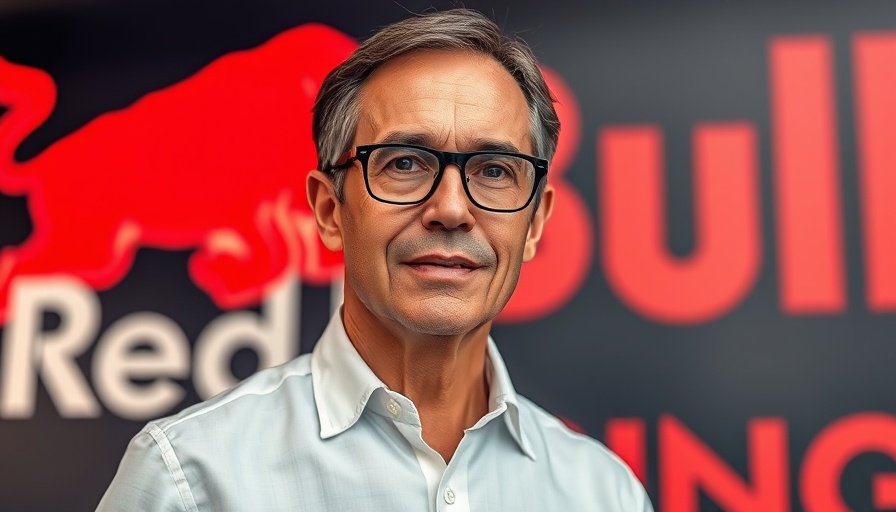 Middle-aged man by Red Bull Racing logo, Formula One, daylight.