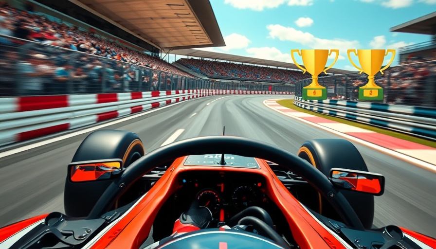 Formula 1 trivia: driver's perspective on track with trophy icons.