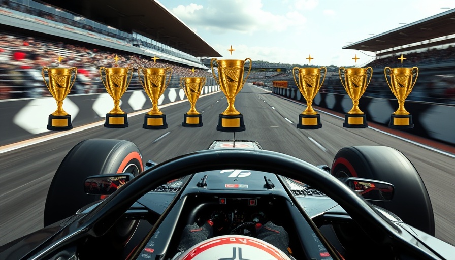 Formula 1 champions racing with trophy overlay on track.
