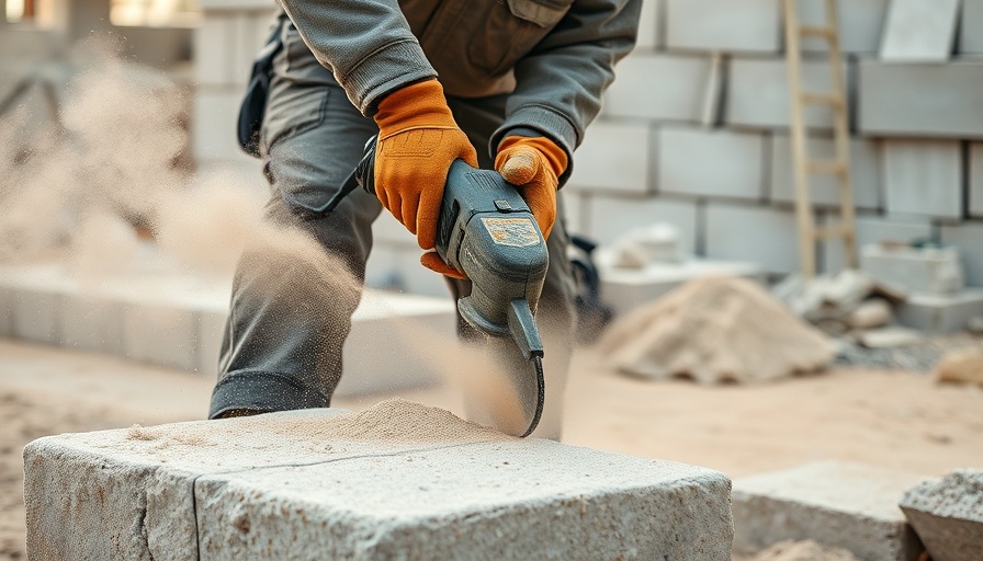 Worker with power tool cutting stone, generating dust, silica safety violations.
