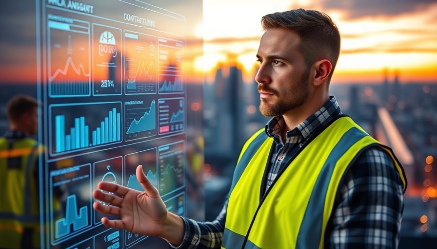 AI in construction industry: Professional using digital interface with cranes in background.