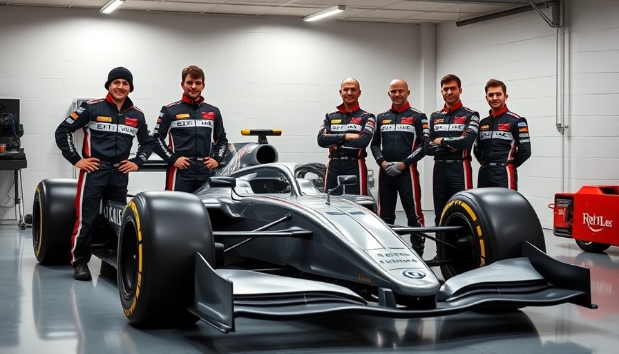 Formula One team posing with race car in garage.
