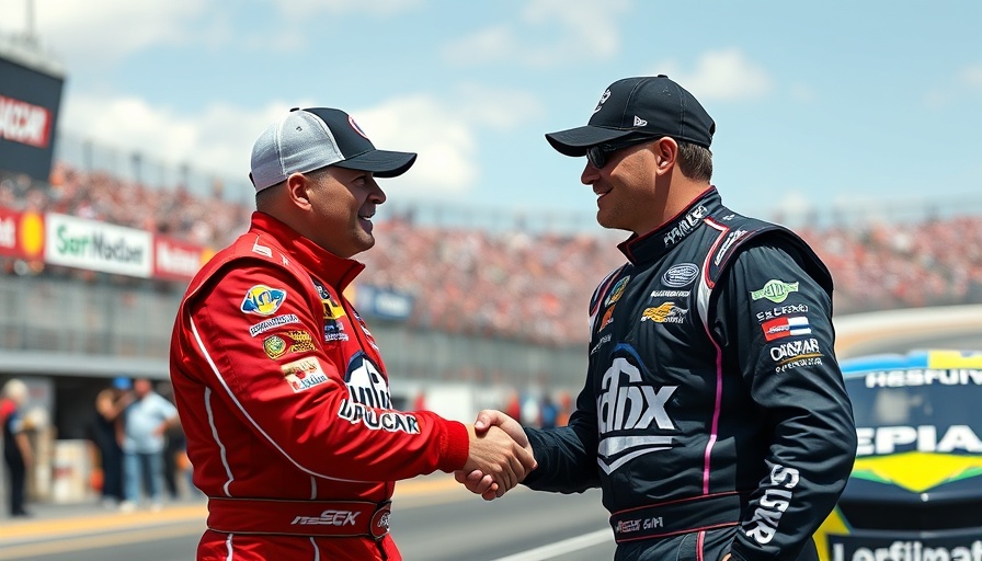 Two NASCAR drivers shaking hands with race track background.