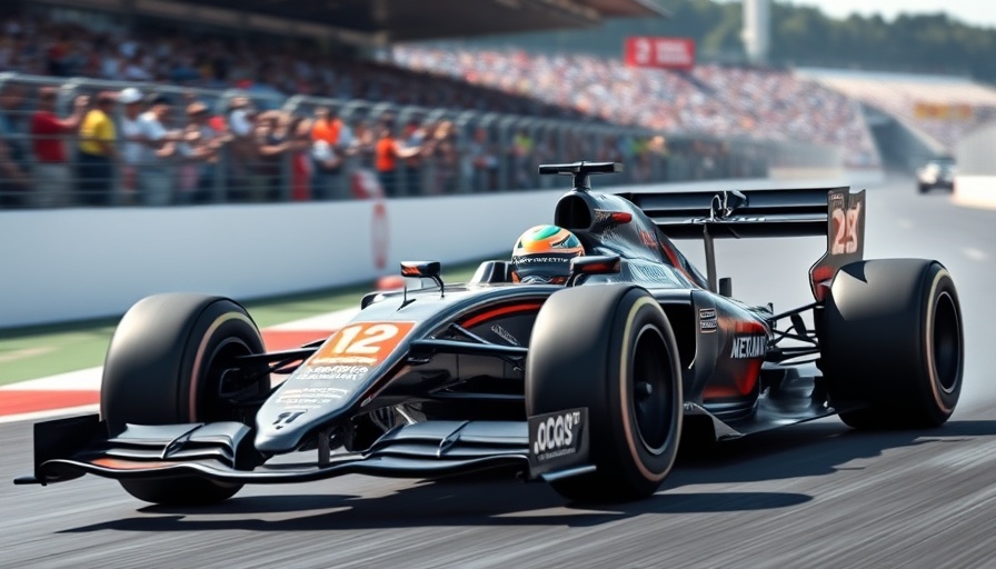 Speeding Formula 1 car at home victory at Silverstone race.