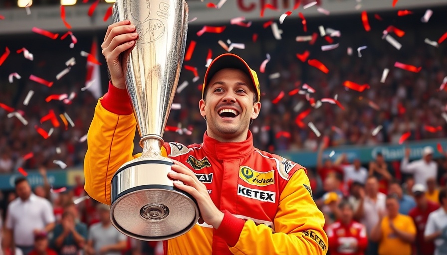 Racer celebrates IndyCar win record 2025 with a trophy and confetti.