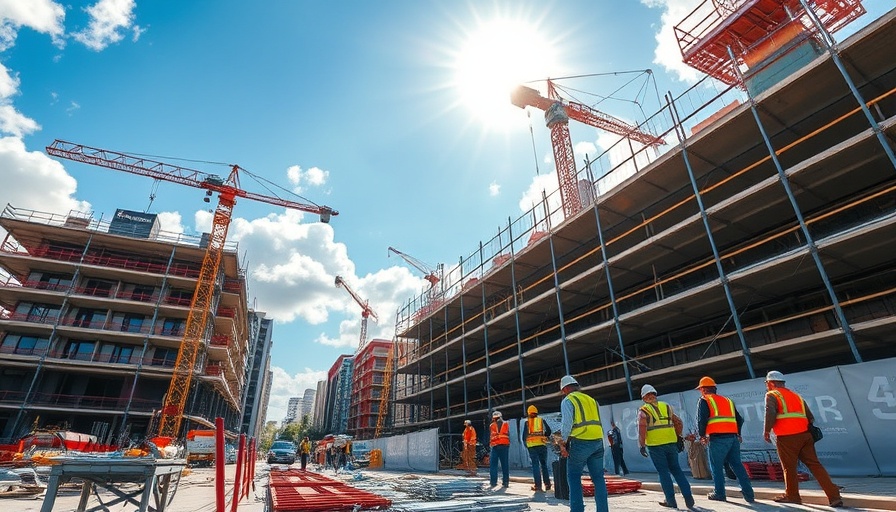 Workers at a construction site using cranes for competitive edge in construction technology.