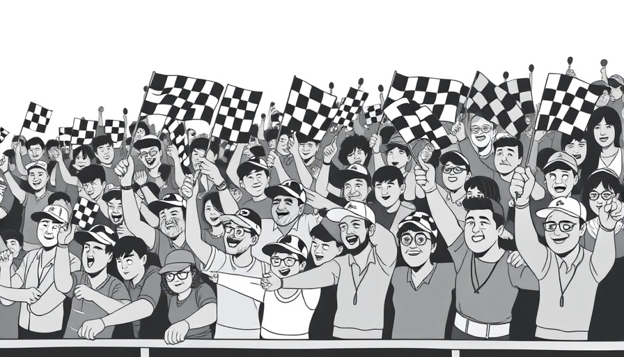 Excited IndyCar racing crowd with checkered flags in a monochrome style.