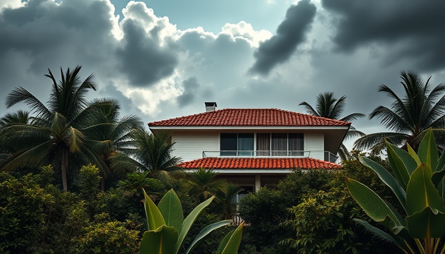 Architect designed family beach house with lush greenery and dramatic sky.