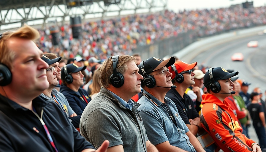 NASCAR enthusiasts with headsets observe a race at the track.