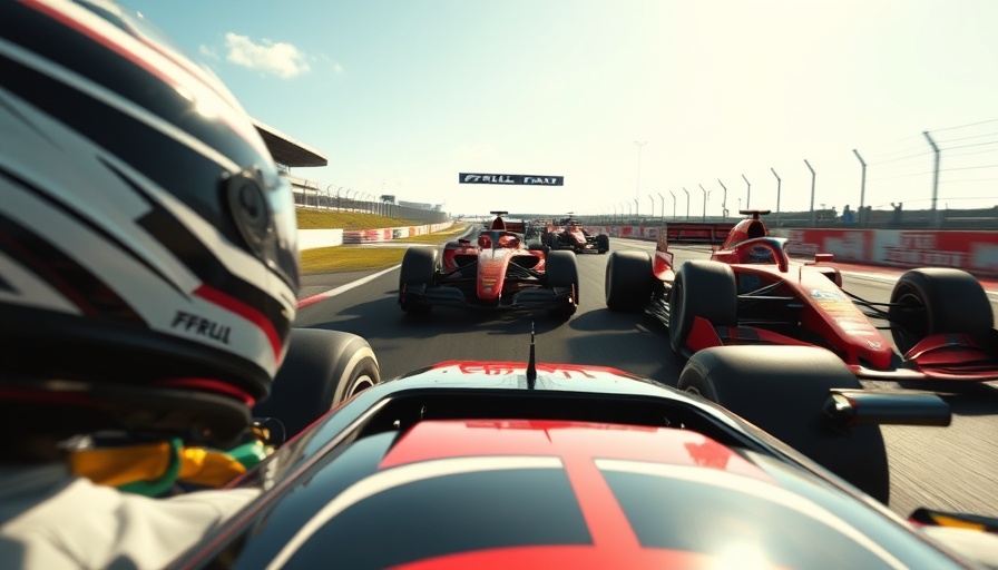 Formula 1 cars racing on track under sunny skies.