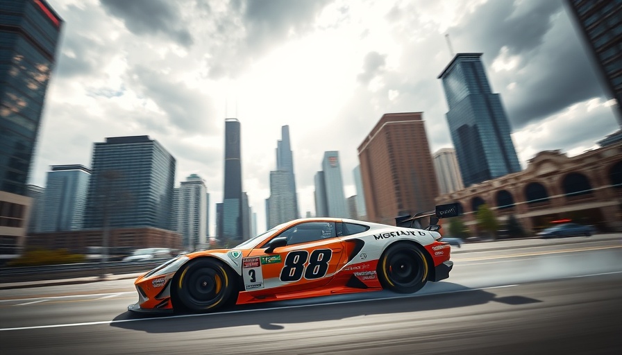 NASCAR race car on Chicago street course under stormy sky.