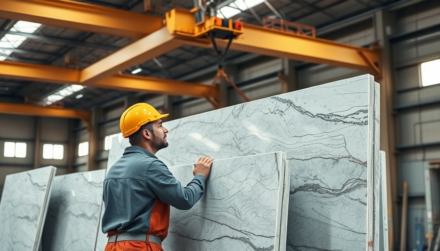 Worker handling Brazilian stone exports in a warehouse.