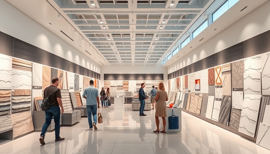 Emser Tile interior showroom with customers browsing tiles.