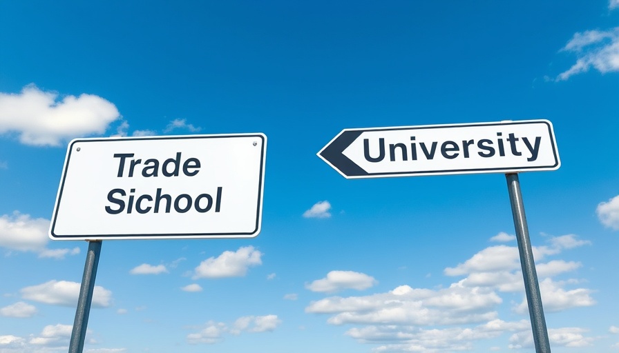 Directional signs for Trade School and University with a blue sky.