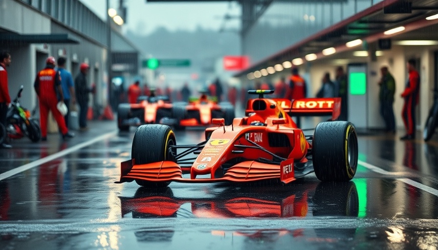 Rainy Formula 1 pit lane with reflections and blurred background.