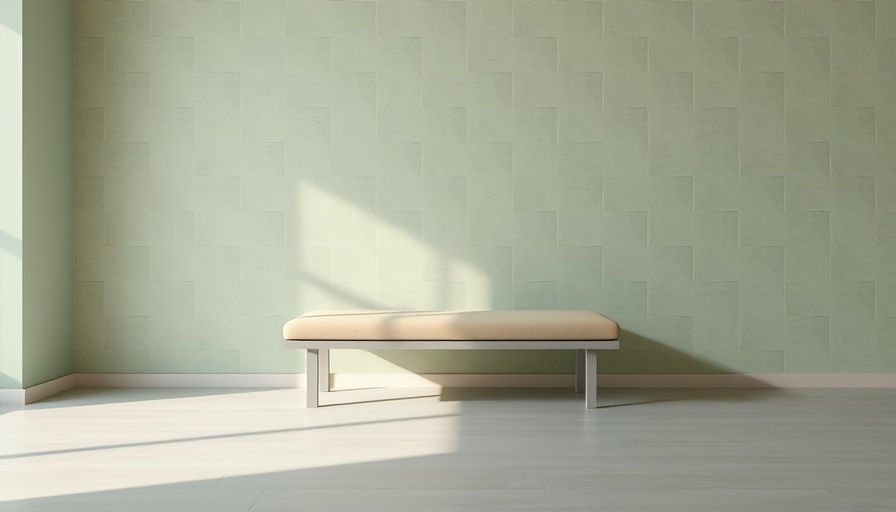 Modern bench with geometric textured wall tiles.