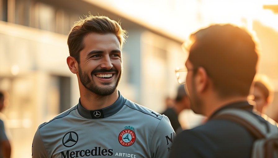 Smiling man in Mercedes shirt, warm conversation at event.