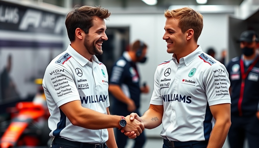 Williams Racing team members shaking hands at Formula One event.