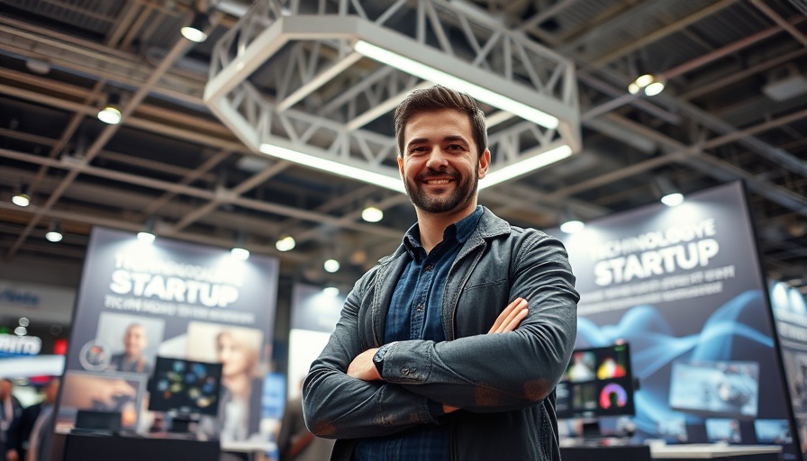 TISE StartUp Station Pavilion booth with man showcasing tech products.