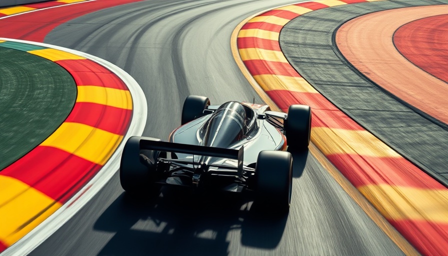 Formula 1 car racing on colorful Belgian Grand Prix track.