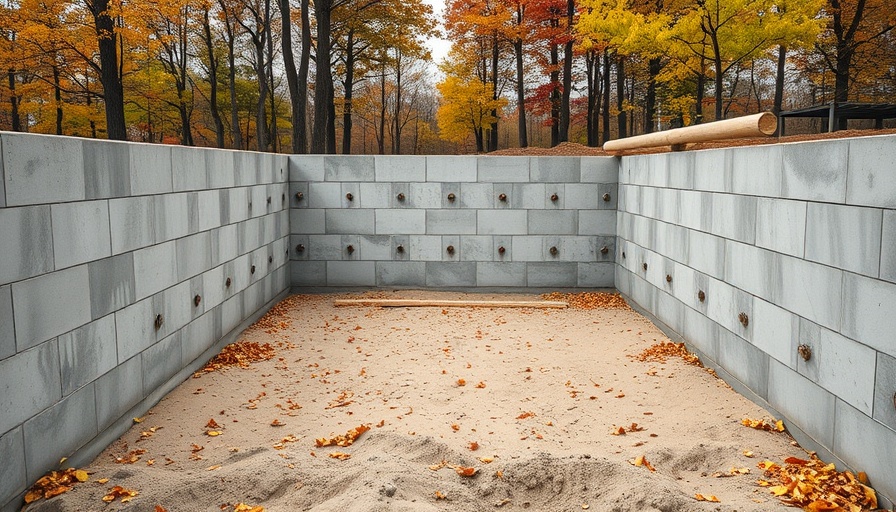 Concrete foundation at construction site with sandy ground.