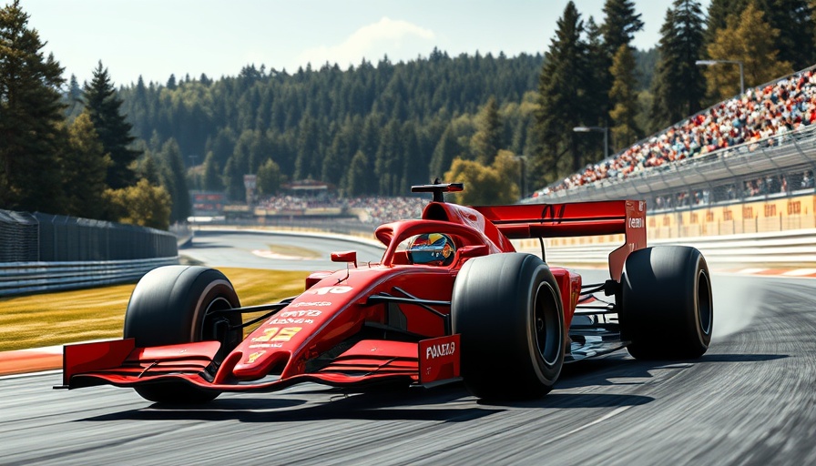 Formula One car racing on track with crowd and forest in background.