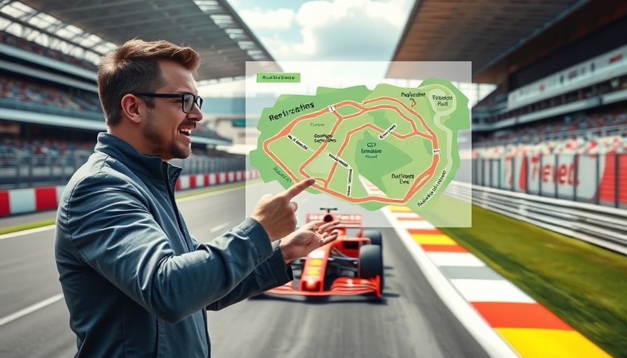 Person explaining a Formula 1 racetrack with track map overlay, vibrant setting.