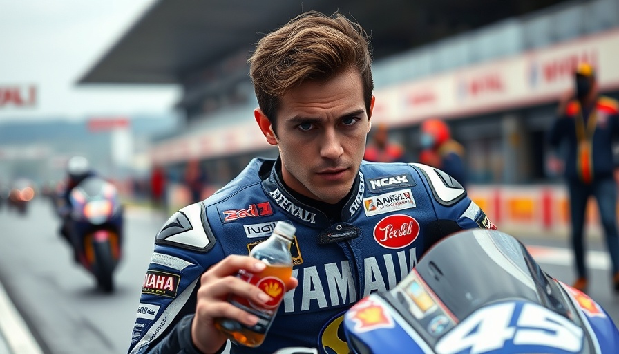 MotoGP rider in Yamaha suit focused with team at racetrack.