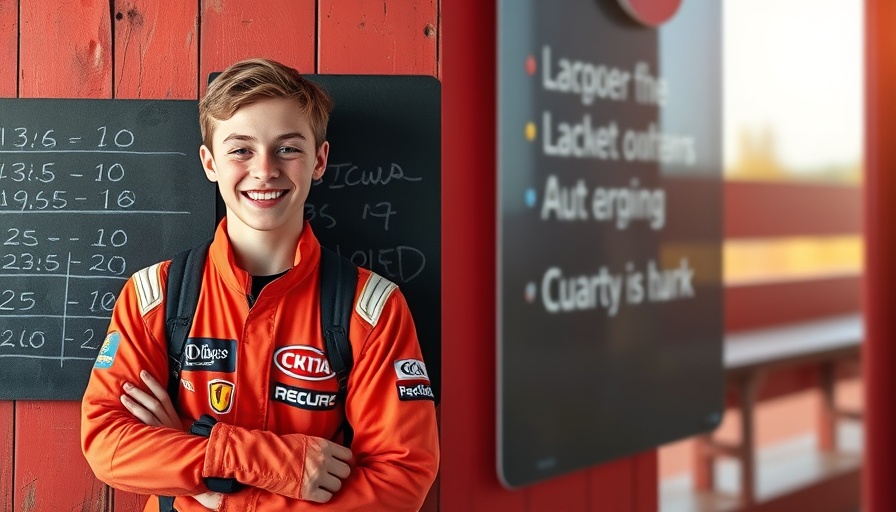 Young racer smiling and pointing at a karting record; Ollie Bearman karting record.