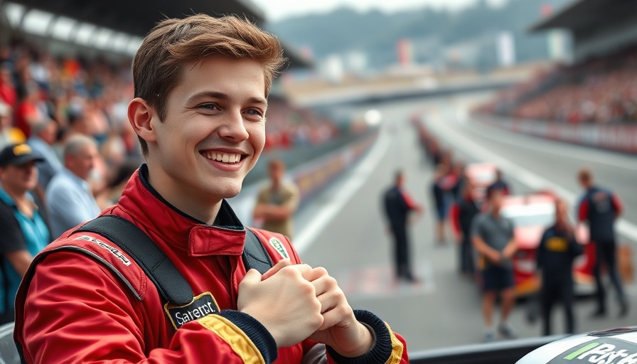 Formula One Championship driver smiling confidently at racetrack.