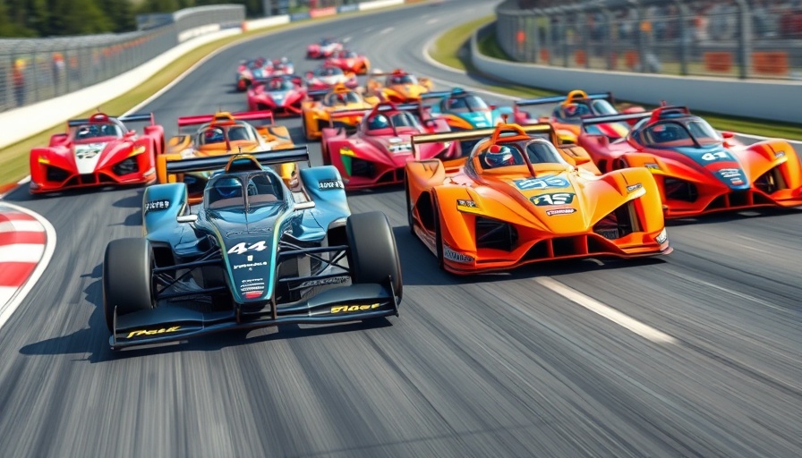 Colorful race cars at Brickyard 400 speeding down track.