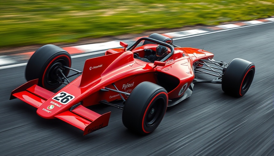 Sleek red Formula 1 car speeding on the track.