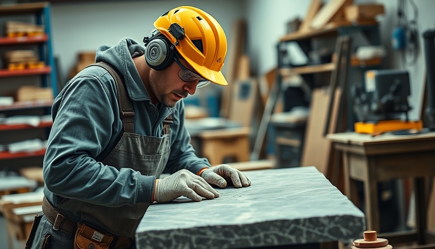 Worker in protective gear cuts stone slab in workshop, silica study context.