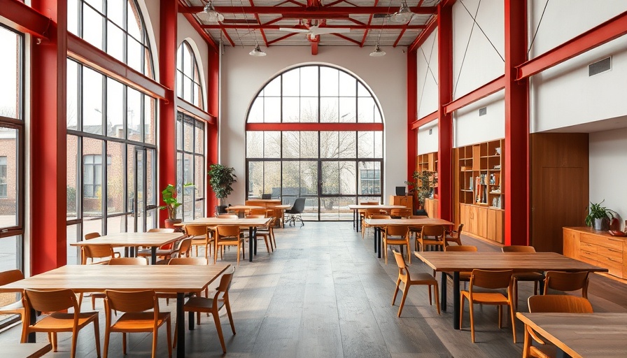 Flexible office design with minimalistic furniture and large windows.