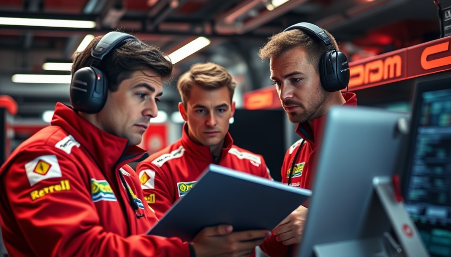 Lewis Hamilton new performance engineer with team in garage.
