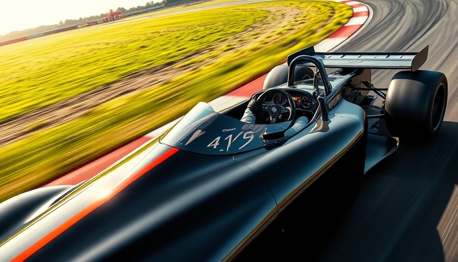 Formula One car speeding on track under bright sunlight.