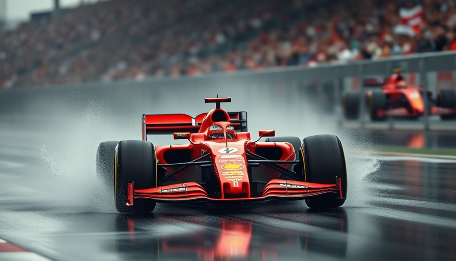 Hamilton's Spa fightback: Red Formula 1 car racing on wet track.