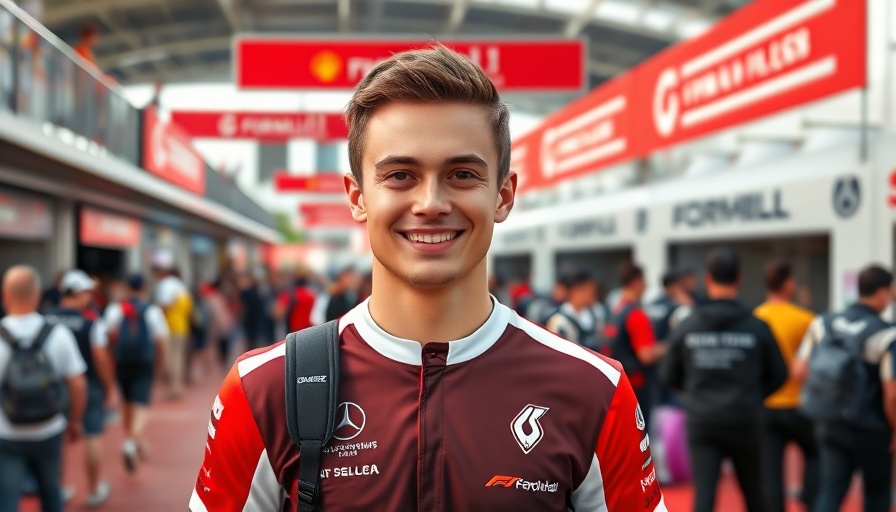 Formula 1 fan smiling at outdoor event with crowd.