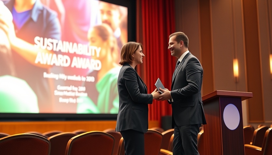 Award ceremony for sustainable flooring designs, two people on stage.